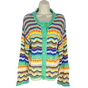 Womens XL Colorful Striped Crochet Knit Cardigan Sweater Open Front Button Up